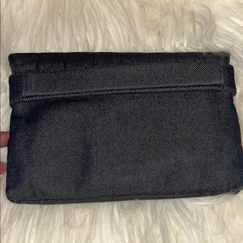 CHANEL Mademoiselle Denim Quilted Clutch Bag Navy Silver Turnlock Auth - Picture 5 of 16